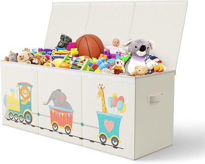 Extra Large Collapsible Sturdy Toy Storage Organizer with Lids, Animal Train Toy Box for Boys Girls, 40"x16"x16", Modern, Bei