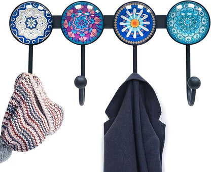 Coat Rack Wall Mounted with 4 Hooks, Round Blue Pattern Decorative Wall Hooks for Hanging Hat, Key, Towel, Purse, Bag and Rob
