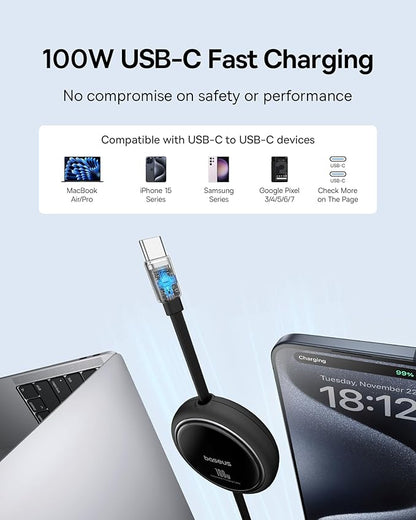 Baseus USB C to USB C Cable, 100W Retractable USB C 5A Fast Charging Cable, 4-Stage Length Preset USB Type C Charger Cord for