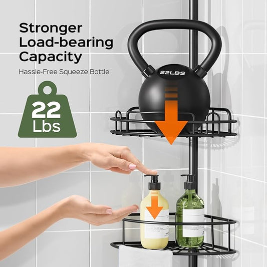HAMITOR Shower Caddy Tension Pole: 4-Tier Rustproof Bathroom Corner Shelf Organizer for Renters - No Drill Large Shampoo Stor