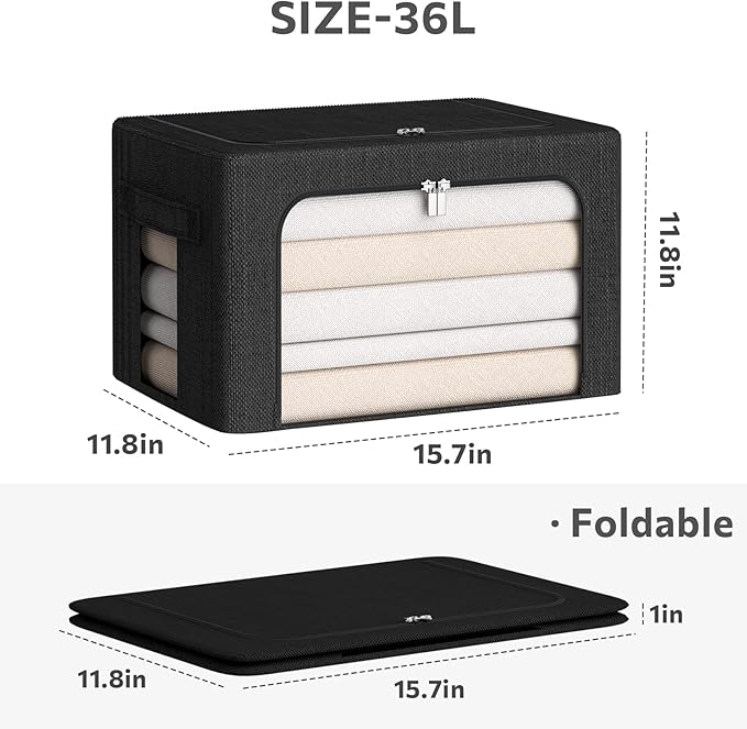 CYhom Clothes Storage Bins Box - Linen Fabric Foldable Stackable Container Organizer Set with Clear Window & Carry Handles & 