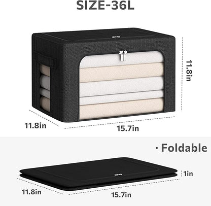 CYhom Clothes Storage Bins Box - Linen Fabric Foldable Stackable Container Organizer Set with Clear Window & Carry Handles & 