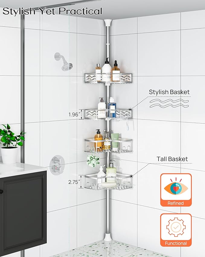 ALLZONE Corner Shower Caddy Tension Pole with 4 Repositionable Hang-On Baskets, Mixed-Height Shelves for Tall Bottles, 8 Dual