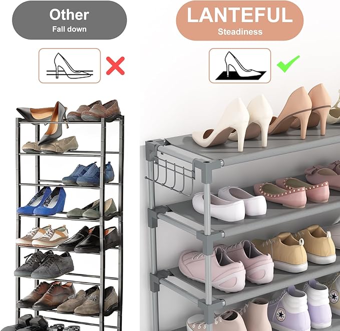 LANTEFUL 10 Tiers Shoe Rack 50 Pairs Large Capacity Tall Shoe Organizer Sturdy Shoe Storage with Two Hooks Space Saving Metal