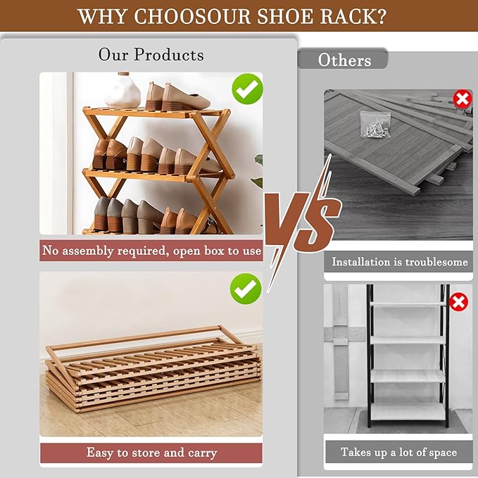 Jessie Bamboo Shoe Rack,Free Standing Shoe Rack for Closet,Portable Folding Shoe Storage Rack, Space Saving,Shoe Shelf for Be