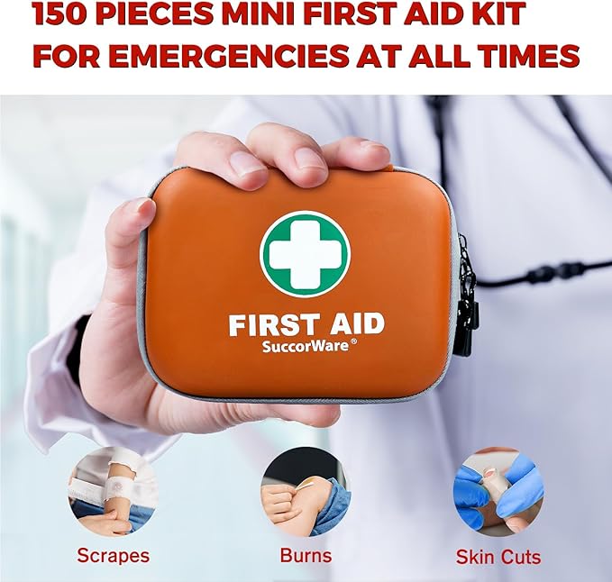150 Pieces Mini First Aid Kit - Small Medical Kit with Hard Shell - Emergency First Aid Kit for Car, Travel, Home, Outdoor, O