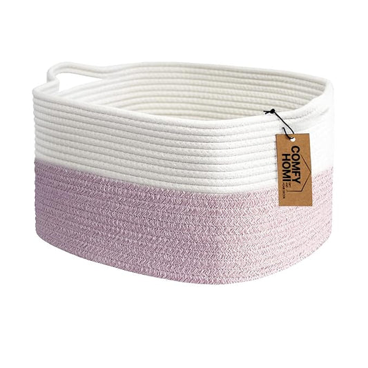 COMFY-HOMI Cotton Rope Woven Medium Basket with Handles for shelf，Cloth Storage Basket for Organizing-13.5X11X9.5 Storage Bin