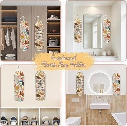 2 Pcs Chicken Plastic Bag Holder, Funny Chickens Grocery Bag Holder Plastic Storage bag, Pull Rope Free Adjustment, Floral Grocery Bags Storage Dispenser for Home Kitchen, Chicken Gifts for Women