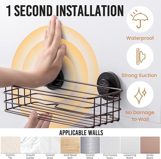 LEVERLOC Shower Caddy Suction Cup, 2 Pack Shelves for Inside with Hooks and Soap Organizer, NO-Drilling Bathroom Holder, Rust