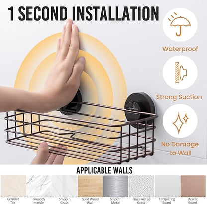 LEVERLOC Shower Caddy Suction Cup, 2 Pack Shelves for Inside with Hooks and Soap Organizer, NO-Drilling Bathroom Holder, Rust