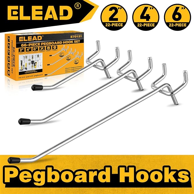 ELEAD 66-Piece 2/4/6 Inch Pegboard Hooks, Heavy Duty Peg Board Organizer Accessories, Peg Board Tool Hangers Fit for 1/4" and