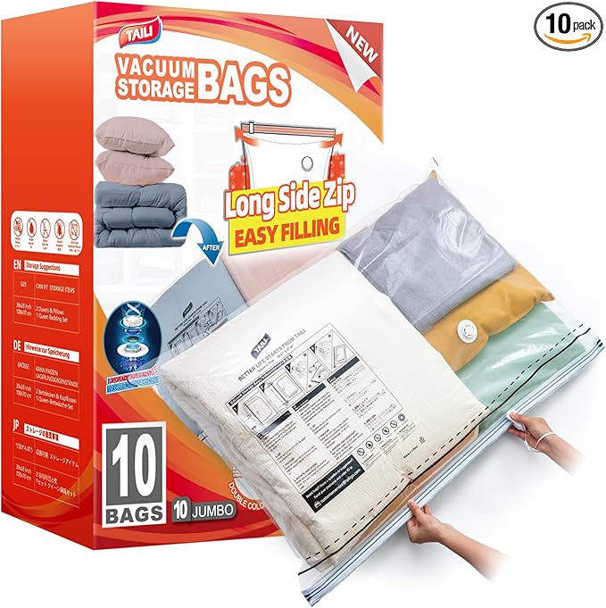 TAILI 10 Pack Vacuum Storage Bags, LONG SIDE ZIP (39x28 inch), Vacuum Seal Bags for Clothing, Jumbo Storage Space Saver for B