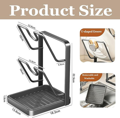 Kitchen Pot Lid Storage Rack, Carbon Steel Pot Lid Holder with Spoon Rest While Cooking, Multifunctional Kitchen Organizer Stand for Counter Top with Removable Drip Tray