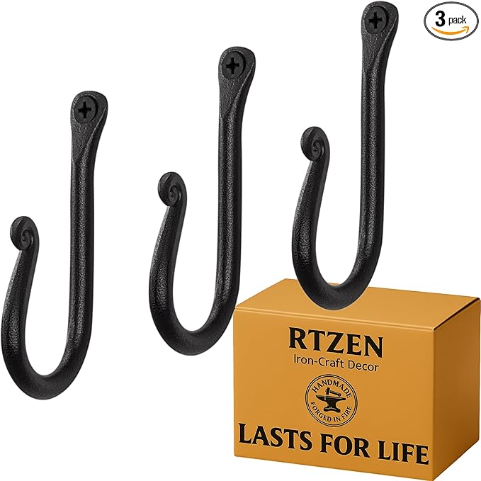 RTZEN Wall Mount Hook Set - Wrought Iron Decorative Rustic Metal Coat Hooks for Hanging - Handcrafted Classic Farmhouse Wall 