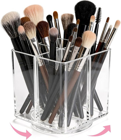 Acrylic Makeup Brush Holder, Clear Rotating Makeup Brush Holder Organizer with 4 Slots, Square Makeup Brush Cup for Vanity De