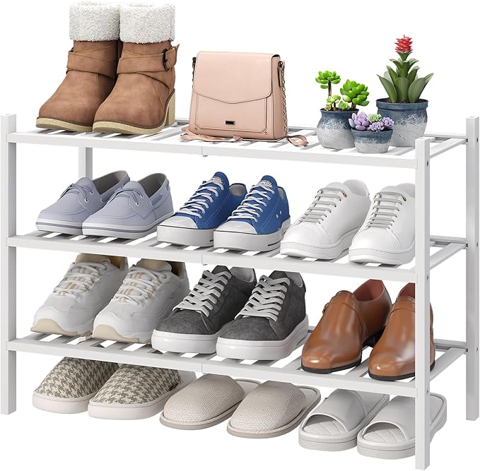 viewcare White Shoe Rack, 3-Tier Bamboo Wood Shoe Rack for Closet, Entryway & Hallway, and Stackable Shoe Shelf Storage Organ