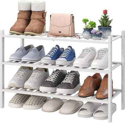 viewcare White Shoe Rack, 3-Tier Bamboo Wood Shoe Rack for Closet, Entryway & Hallway, and Stackable Shoe Shelf Storage Organ