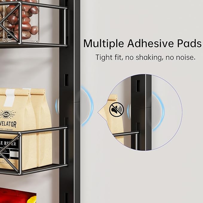 MIAOLI Over the Door Organizer, Black 6-Tier Pantry Door Organizer with Adjustable Basket, Hanging Spice Rack Cabinet Door Sh