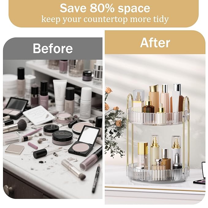 MOKANI 360 Rotating Makeup Organizer for Vanity, 2 Tier Adjustable Perfume Organizer for Dresser, Multi-Function Spinning Cos