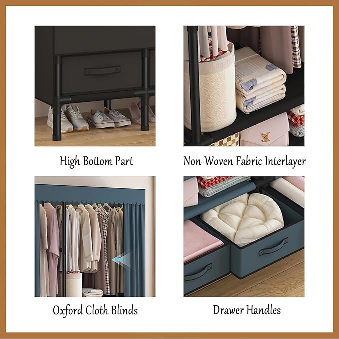 Portable Closet,Garment Rack,Heavy Duty Clothes Rack with Cover,Wardrobe Closet with 3 Hanging Rods, 6 Storage Shelves and 4 
