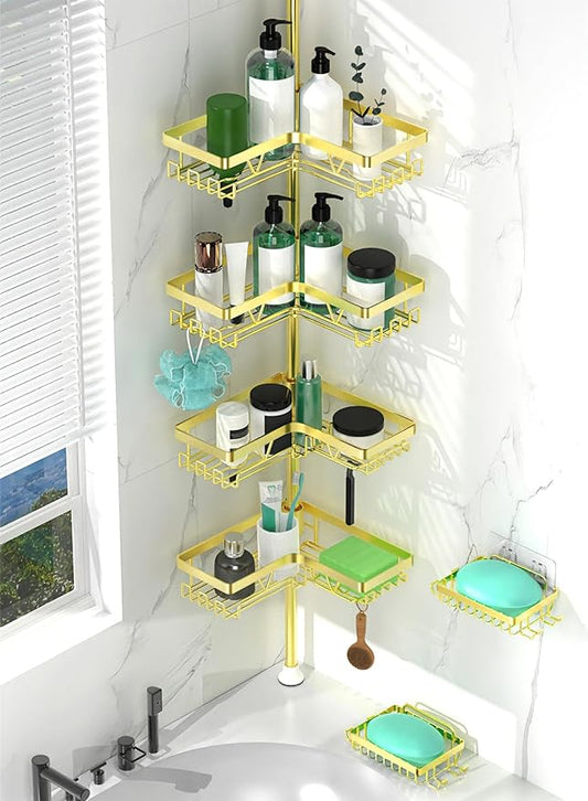 Shower Caddy Tension Pole with 2 Soap Holders, Adjustable Corner Shower Caddy, Gold Finish, Expandable 25-114.2 Inches for Ba