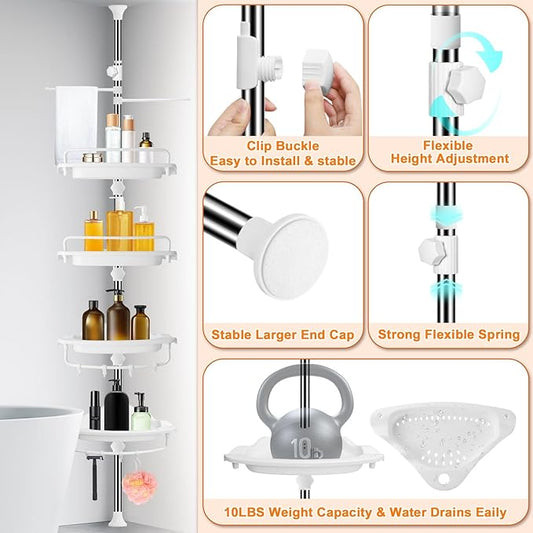 Upgrade Sturdy Shower Caddy Tension Pole Corner Shower Caddy Bathroom Organizer 18/8 Stainless Steel Rustproof 4 Tier Adjusta