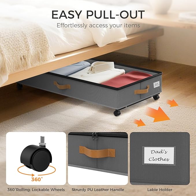 Under Bed Storage with Wheels 2-Pack, 75L XXL Under the Bed Storage Containers Large, 12" Tall Adjustable Storage for Underbe
