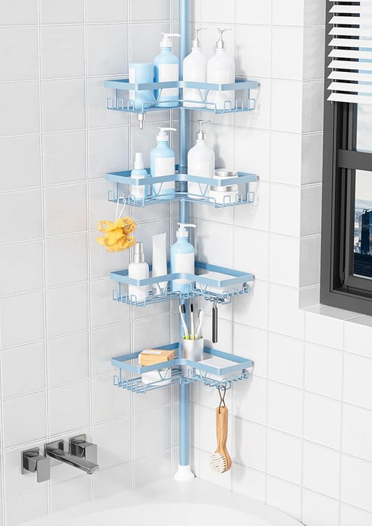 KEGII Shower Caddy Tension Pole, 4-Tier Rustproof Adjustable Corner Bathroom Organizer for Renters, 25–114.2 Inch No Drill Sp