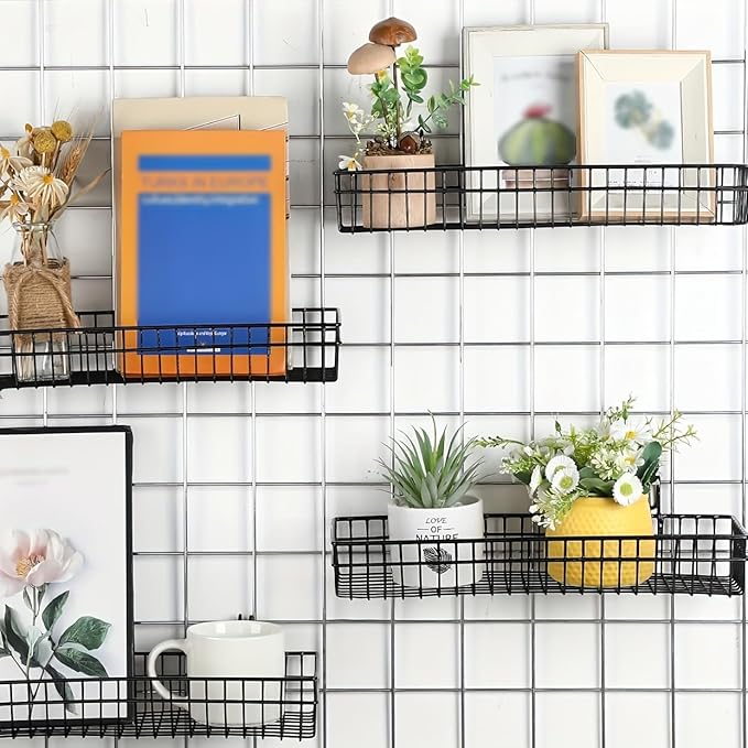 4 Pack 15.75 x 6 x 2.36 Inch Metal Grid Wall Baskets with Hooks, Hanging Wire Grid Basket, Multi-Function Wall Mounted Organi