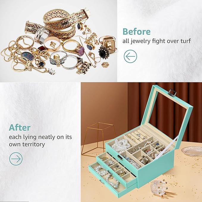 BOOVO Clear Lid Jewelry Box,3 Layers Jewelry Organizer Large Multi-Functional Jewelry Storage Box with 2 Drawers,Jewelry Disp