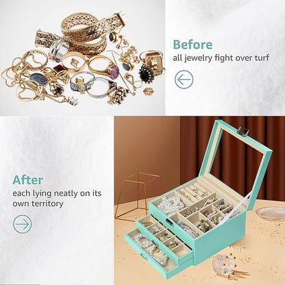 BOOVO Clear Lid Jewelry Box,3 Layers Jewelry Organizer Large Multi-Functional Jewelry Storage Box with 2 Drawers,Jewelry Disp