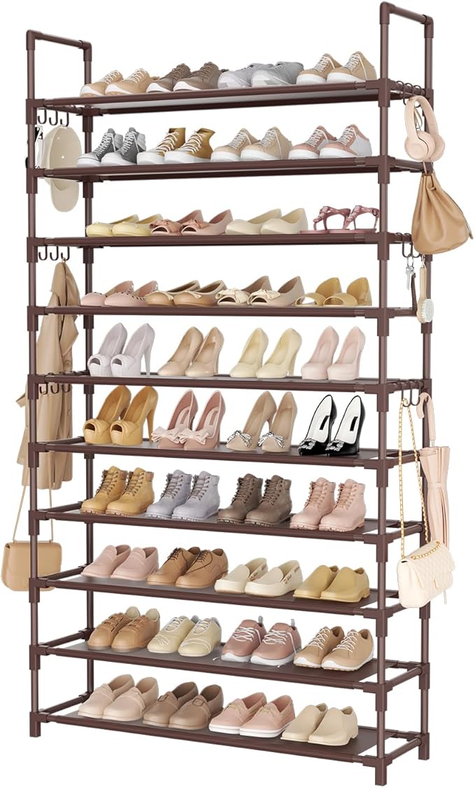 LANTEFUL Tall Shoe Rack 10 Tier Shoe Organizer Large Shoe Shelf with 18 Hooks Storage for 50 Pair Sneaker and Boot, Stackable