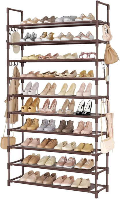 LANTEFUL Tall Shoe Rack 10 Tier Shoe Organizer Large Shoe Shelf with 18 Hooks Storage for 50 Pair Sneaker and Boot, Stackable