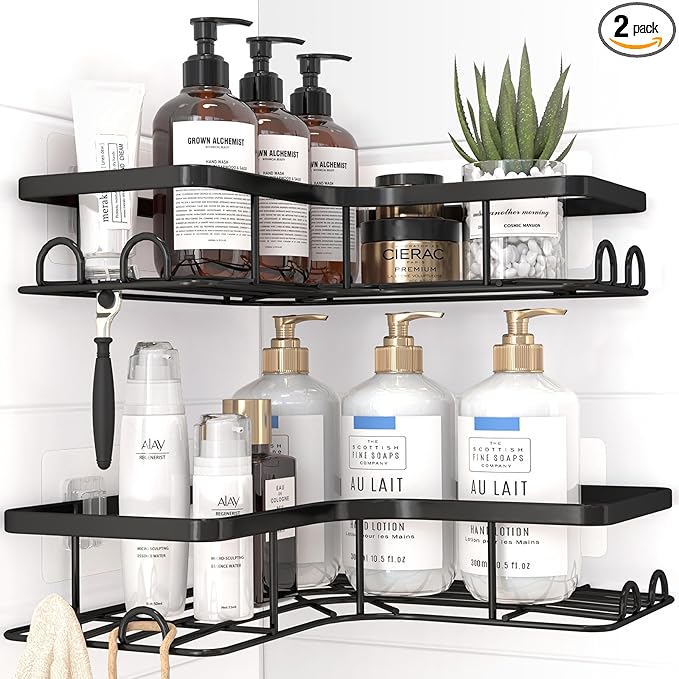 Sakugi Corner Shower Caddy - 2 Pack, Adhesive Shower Organizers, Rustproof Stainless Steel Shower Shelves with 8 Hooks, No Dr