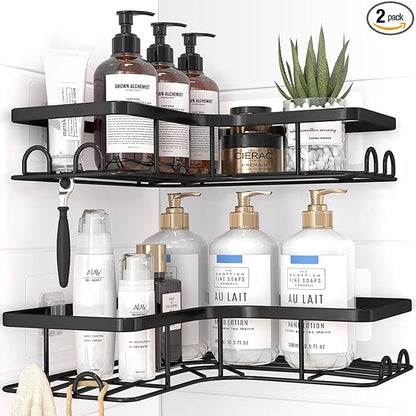 Sakugi Corner Shower Caddy - 2 Pack, Adhesive Shower Organizers, Rustproof Stainless Steel Shower Shelves with 8 Hooks, No Dr