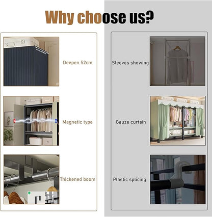 Foldable Portable Wardrobe On Wheels, Freestanding Garment Rack, with Magnetic Door 2000lbs, Heavy Duty Clothes Rack, for Bed