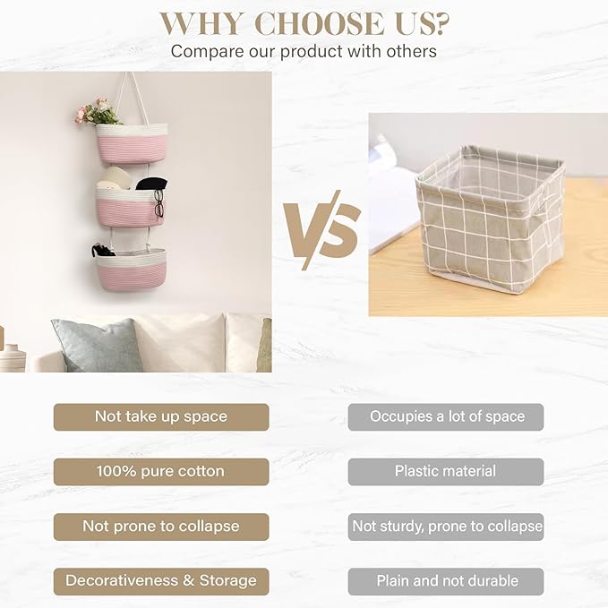 TeoKJ Over the Door Hanging Basket, 3-Tier Woven Cotton Wall-Mounted Storage Organizer Bag Decorative Hanging Nursery Baskets
