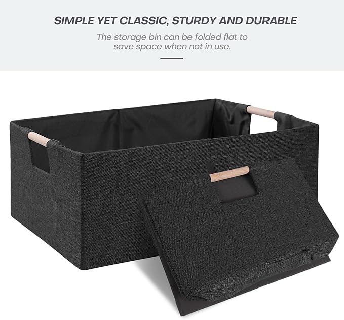 ANMINY 4PCS Storage Bins Set Large Foldable Cotton Linen Fabric Storage Baskets Box with Wood Handles Decorative Shelf Cube C