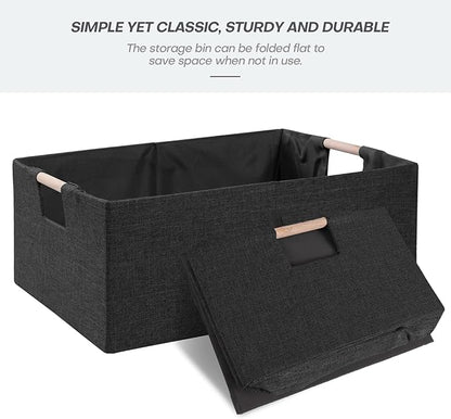 ANMINY 4PCS Storage Bins Set Large Foldable Cotton Linen Fabric Storage Baskets Box with Wood Handles Decorative Shelf Cube C