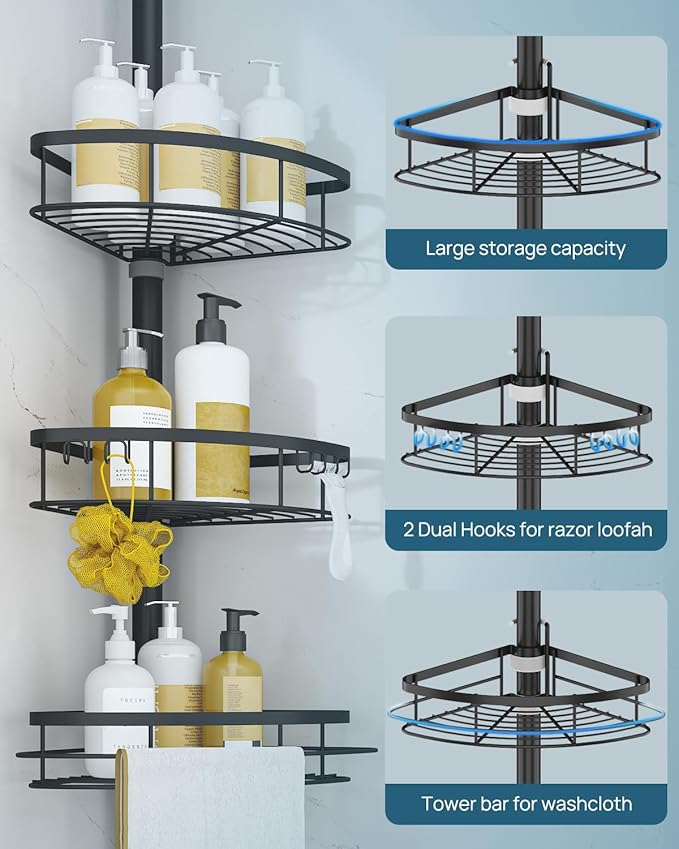 SEIRIONE Corner Shower Caddy Tension Pole, Rustproof Bathroom Shower Organizer Corner, 4-Tier Adjustable Bathroom Shelf, Soli