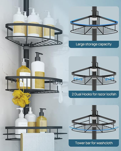 SEIRIONE Corner Shower Caddy Tension Pole, Rustproof Bathroom Shower Organizer Corner, 4-Tier Adjustable Bathroom Shelf, Soli