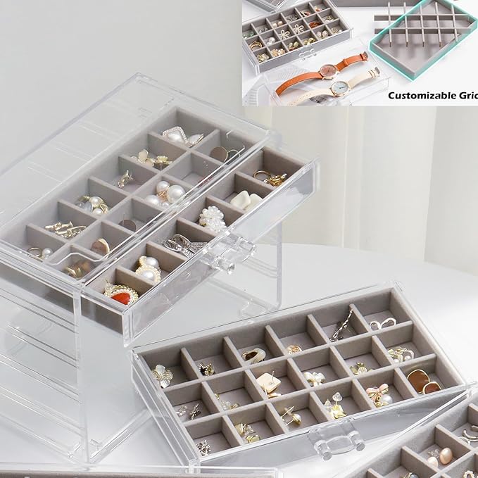 YUFONG Jewelry Organizer with 5 Drawers Clear Acrylic Earring Display Case Velvet Jewelry Storage Box Display Holder for Earr