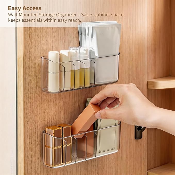 PAVSTINE 2 Pack Adhesive Medicine Cabinet Organizer, Clear Wall Mounted Makeup Storage Shelves for Bathroom Vanity, No Drilli
