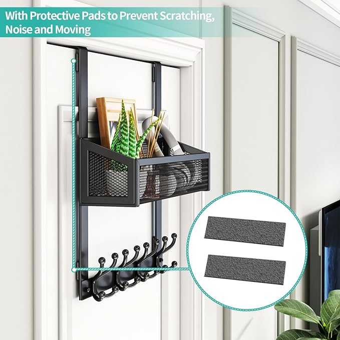 HapiRm Over The Door Hooks - Easy Installation Door Hanger with Basket and 16 Hooks, 304 Stainless Steel Storage Organizer fo