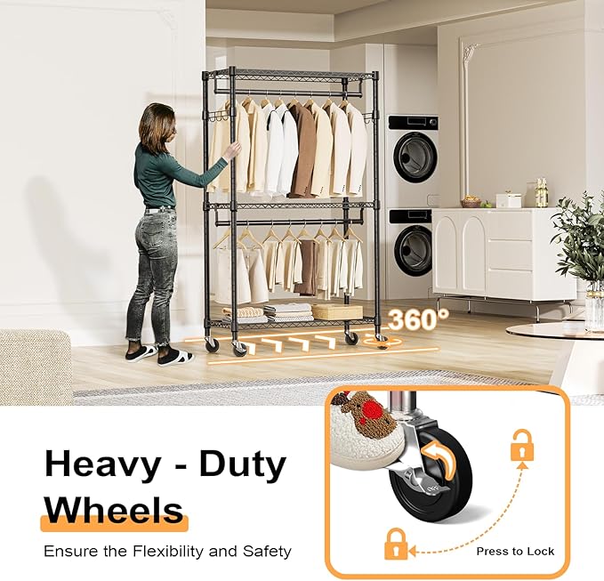 M MZG Heavy Duty Rolling Garment Rack 3 Tiers Adjustable Wire Shelving Clothes Rack with 2 Rods and Side Hooks,Storage Closet