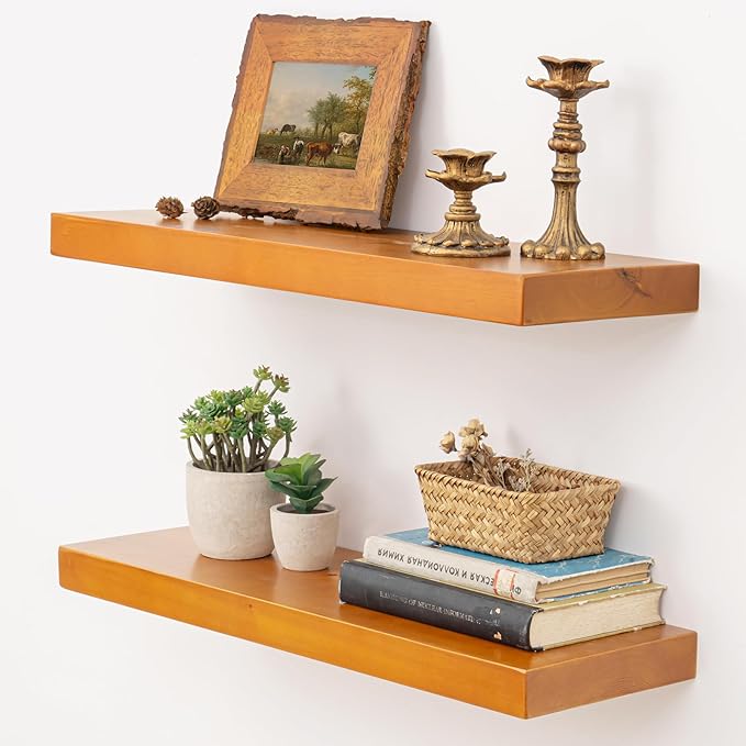 Marsmiles 24 Inch Wood Floating Shelves | Rustic Honey Oak Wall Shelves Set of 2 | 24" W x 7.7" D x 1.6" H Wooden Shelves for