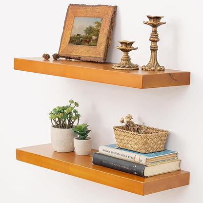Marsmiles 24 Inch Wood Floating Shelves | Rustic Honey Oak Wall Shelves Set of 2 | 24" W x 7.7" D x 1.6" H Wooden Shelves for
