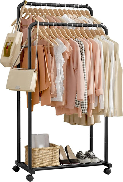 Sakugi Clothes Rack - Clothing Rack with Storage Mesh Shelf & Casters, Heavy-Duty Metal Clothing Rack for Hanging Clothes, Dr