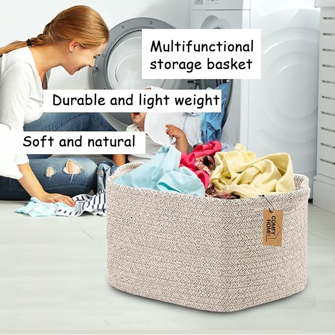 COMFY-HOMI 3PACK Cotton Rope Woven Basket With Handles for Shelves, Toy, Book, Cloth Storage Basket for Organizing|13.5" x 11