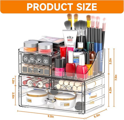 Cq acrylic Clear Make up Organizers for Vanity,Skincare Organizer With 5 Drawers for Dresser,Plastic Cute Desk Accessories Or